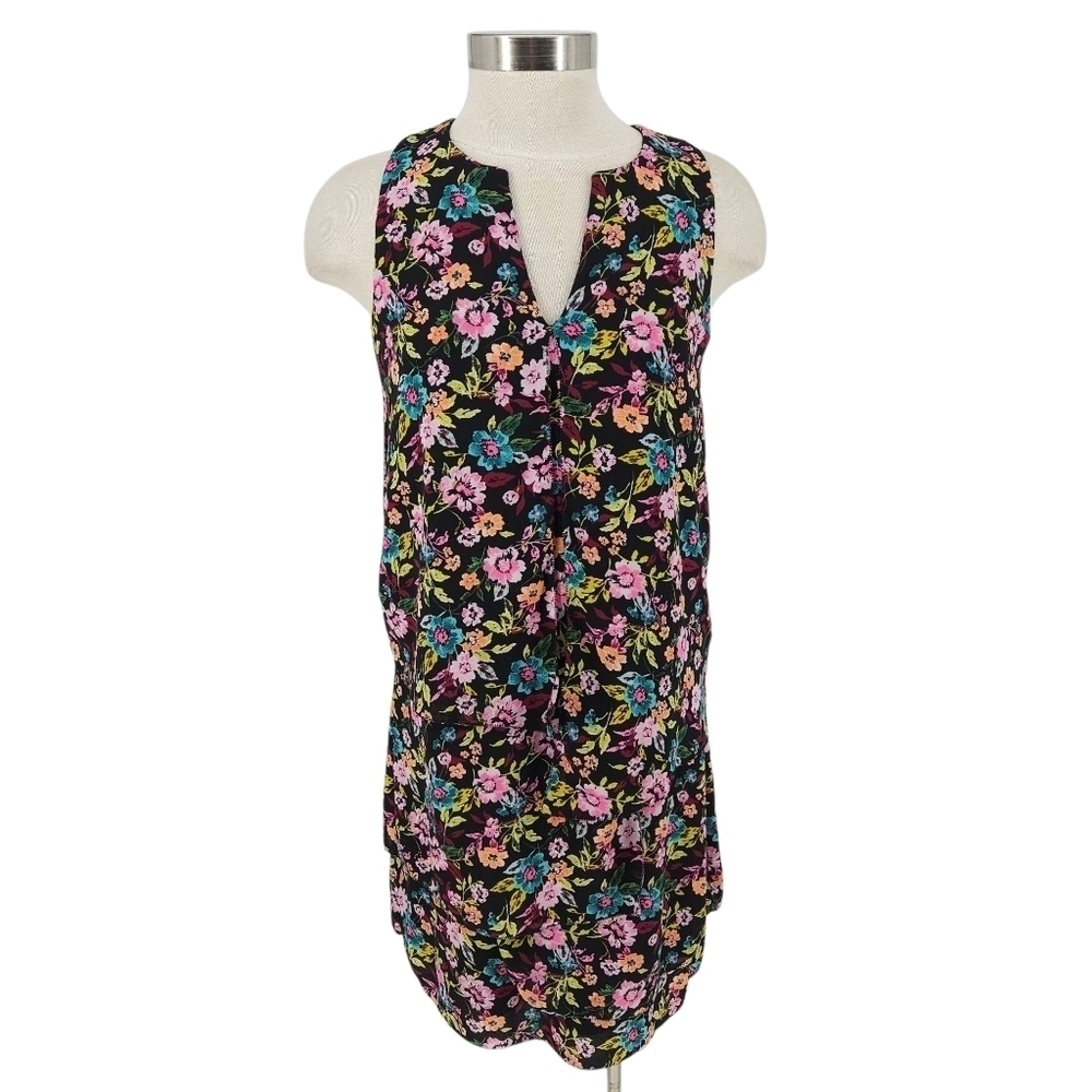 Banana Republic Tiered Shift Dress Black Floral Sleeveless V Neck XS